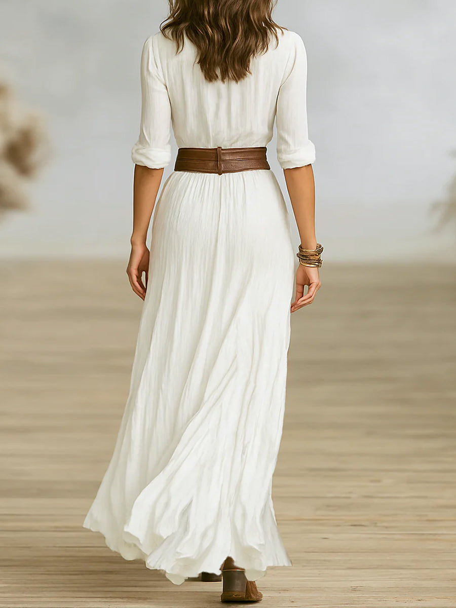 Vintage White Shirt Collar Button Ruched Waist Slit Maxi Dress