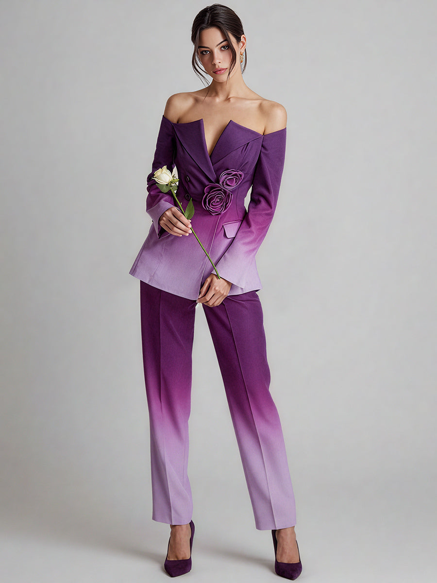 Ursiime Cocktail Party Purple Gradient Off The Shoulder Long Sleeve 3D Elegant Two Piece Pant Suits
