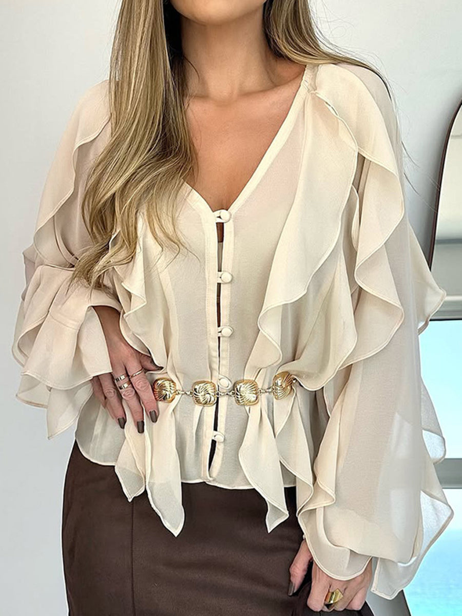 Daily Brown V Neck Long Sleeve Ruffle Casual Chiffon Blouses