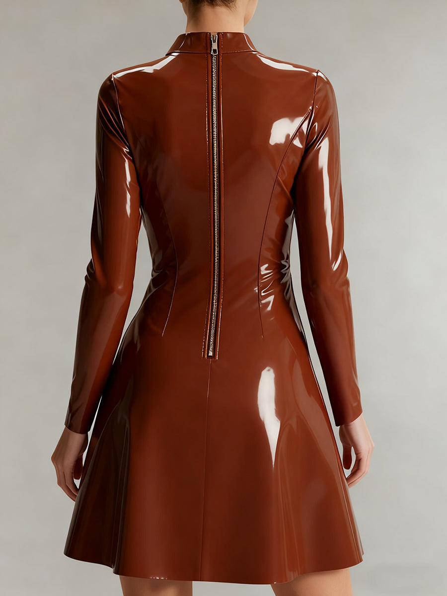 Ursiime Party Brown Mock Neck Long Sleeve Elegant PU Leather Mini Dresses