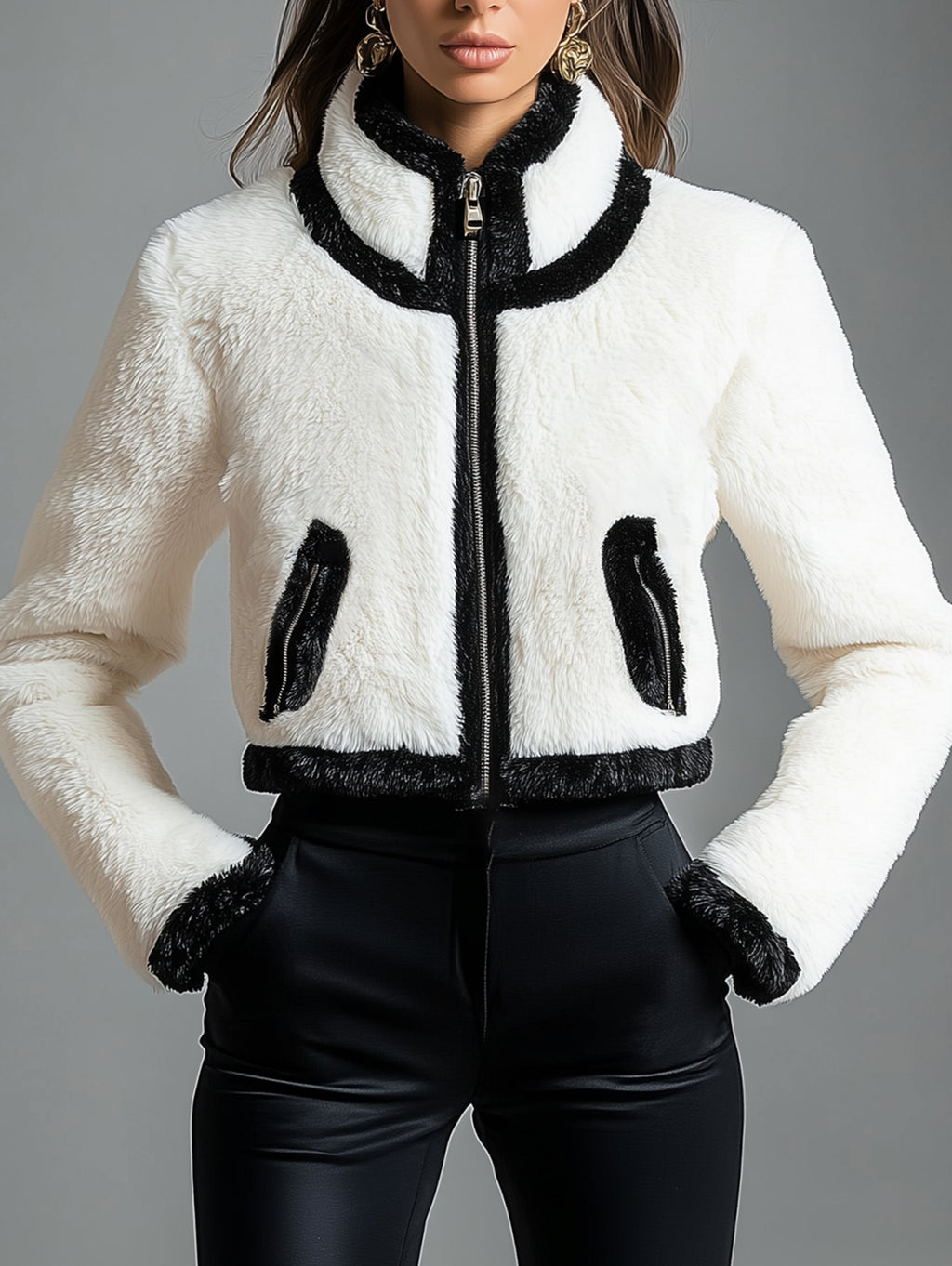 Ursiime High Neck Zipper Pocket Contrast Color Plush Jacket