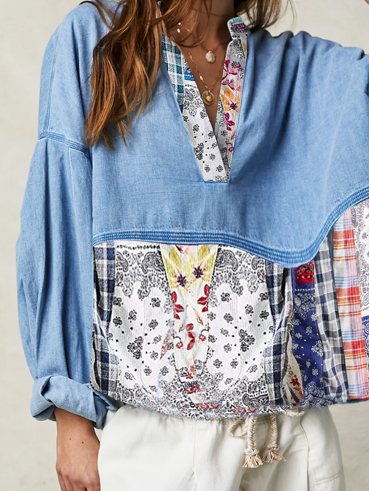 Ursiime Casual Denim Patchwork Half Placket Loose Blouse
