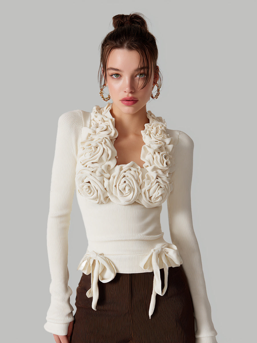 Ursiime Daily White Square Neck Long Sleeve 3D Casual Blouses