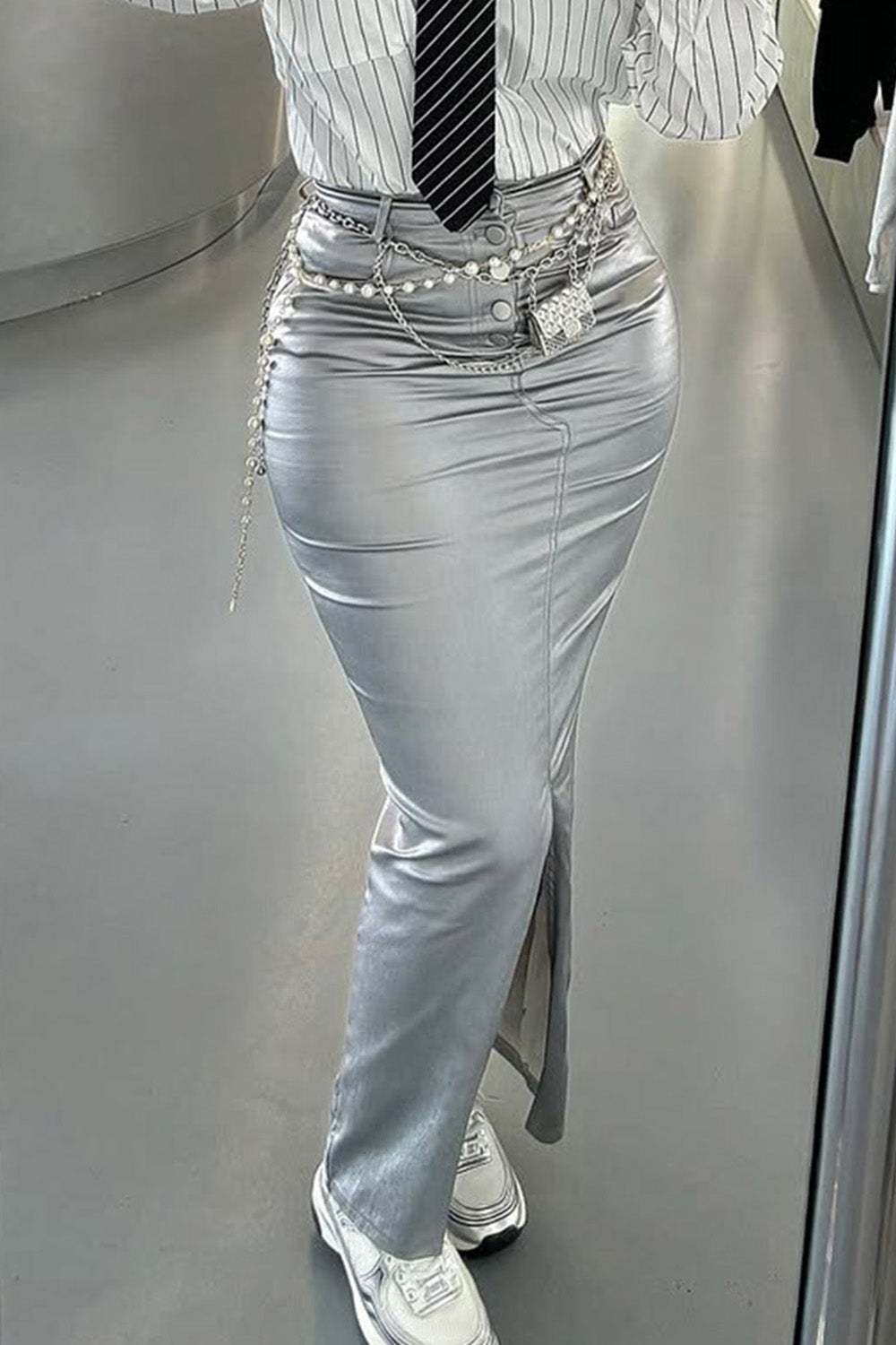 Ursiime Design Party Hot Pink Split Casual Bodycon Glitter Skirts [Pre-Order]