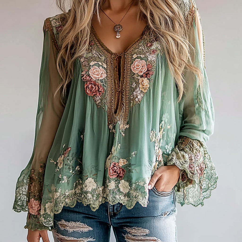 Ursiime V Neck Long Sleeve Floral Pattern Asymmetrical Hem Blouse