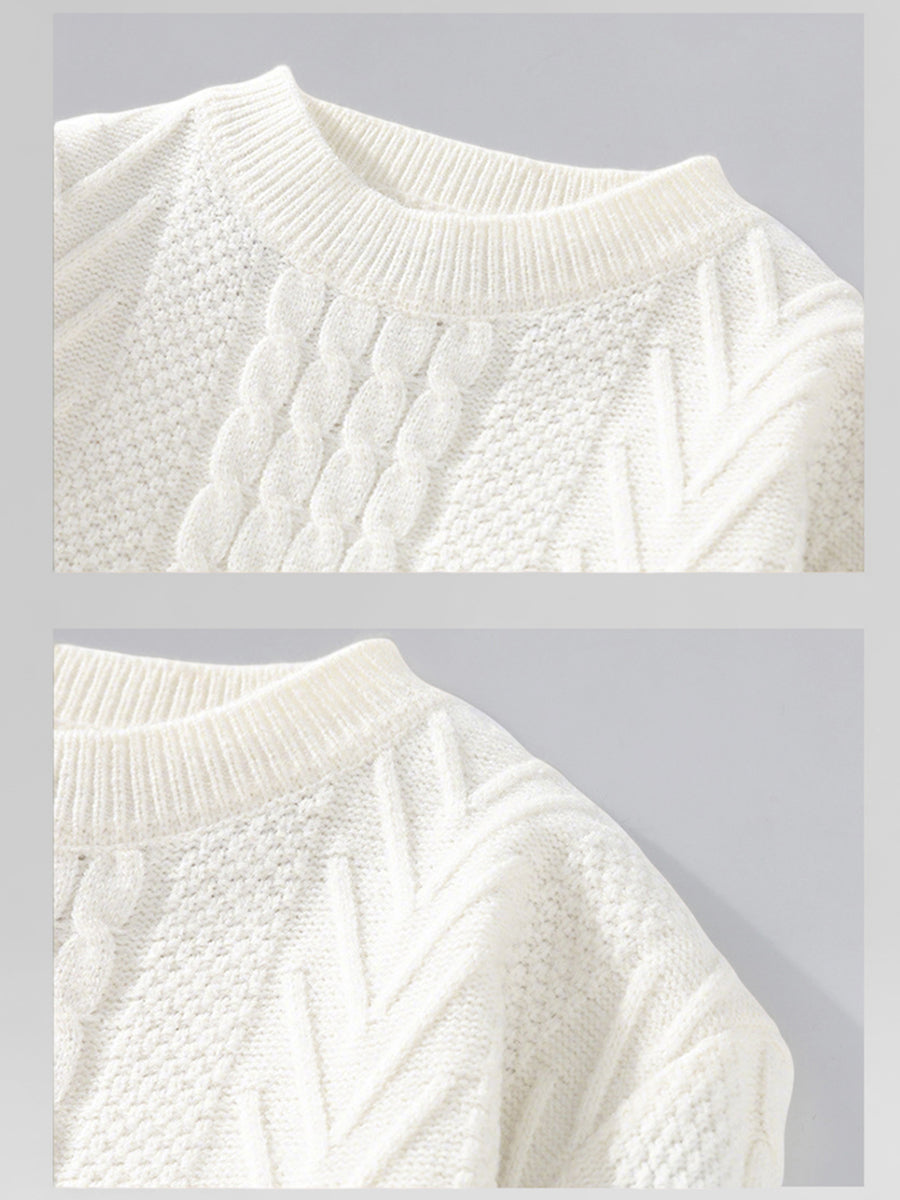 Casual White Oversized Cable Knit Crew Neck Long Sleeve Sweater