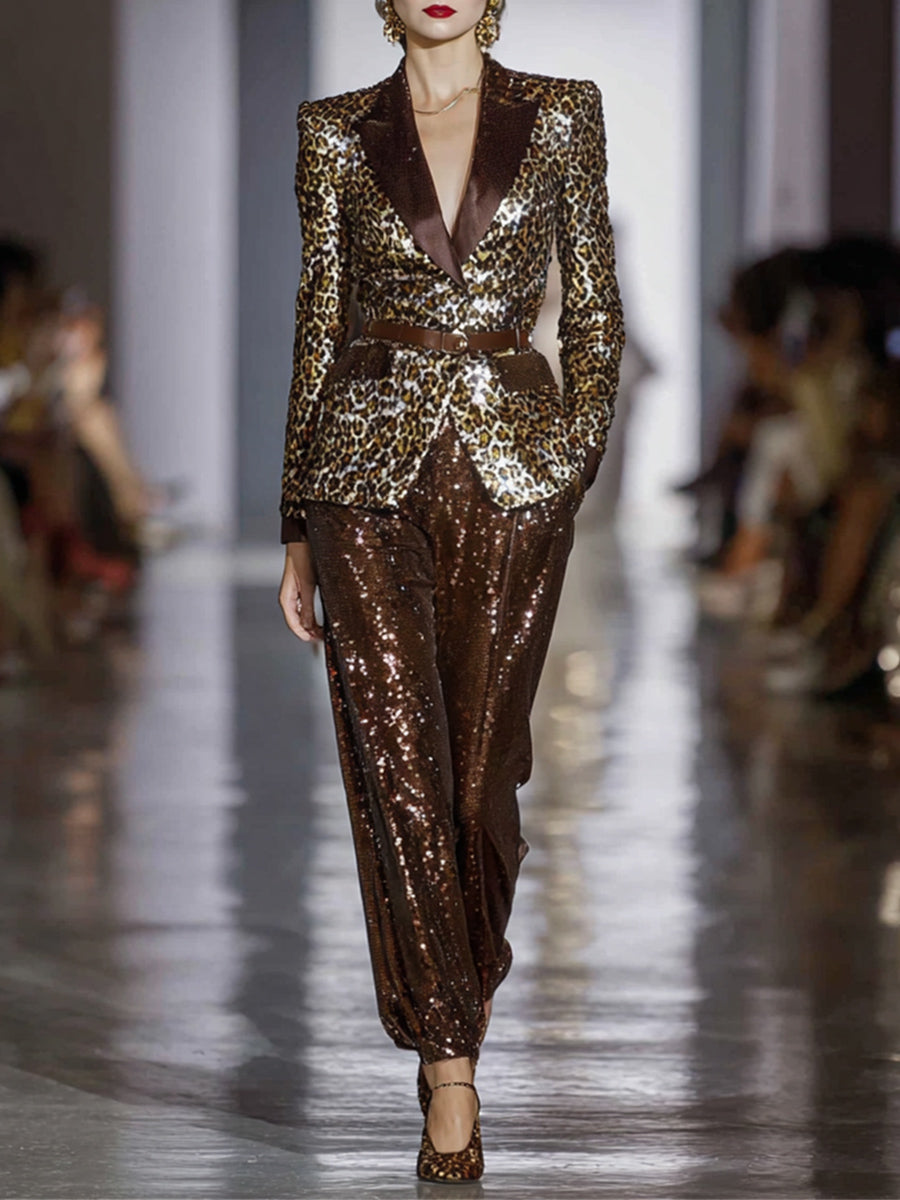Ursiime Formal Brown Leopard Turndown Collar Long Sleeve Pocket Casual Sequin Two Piece Pant Suits