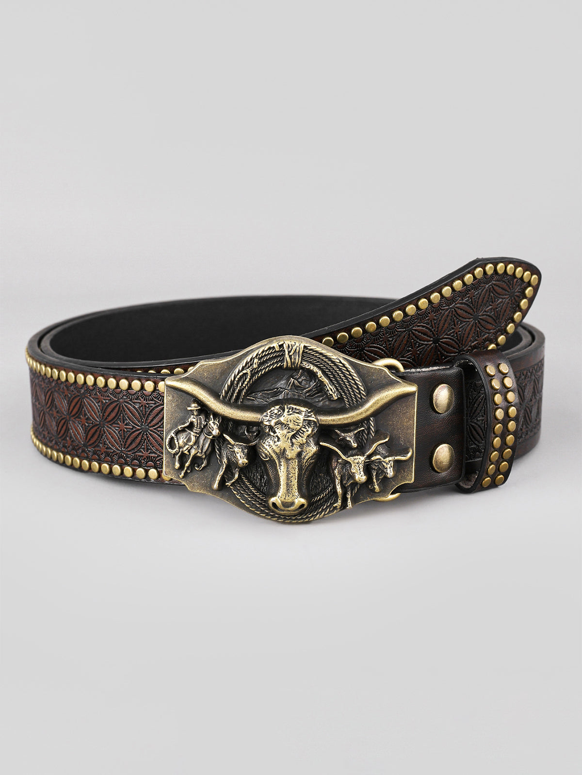 Western Metal Bull Head Beaded Embossed PU Leather Belt