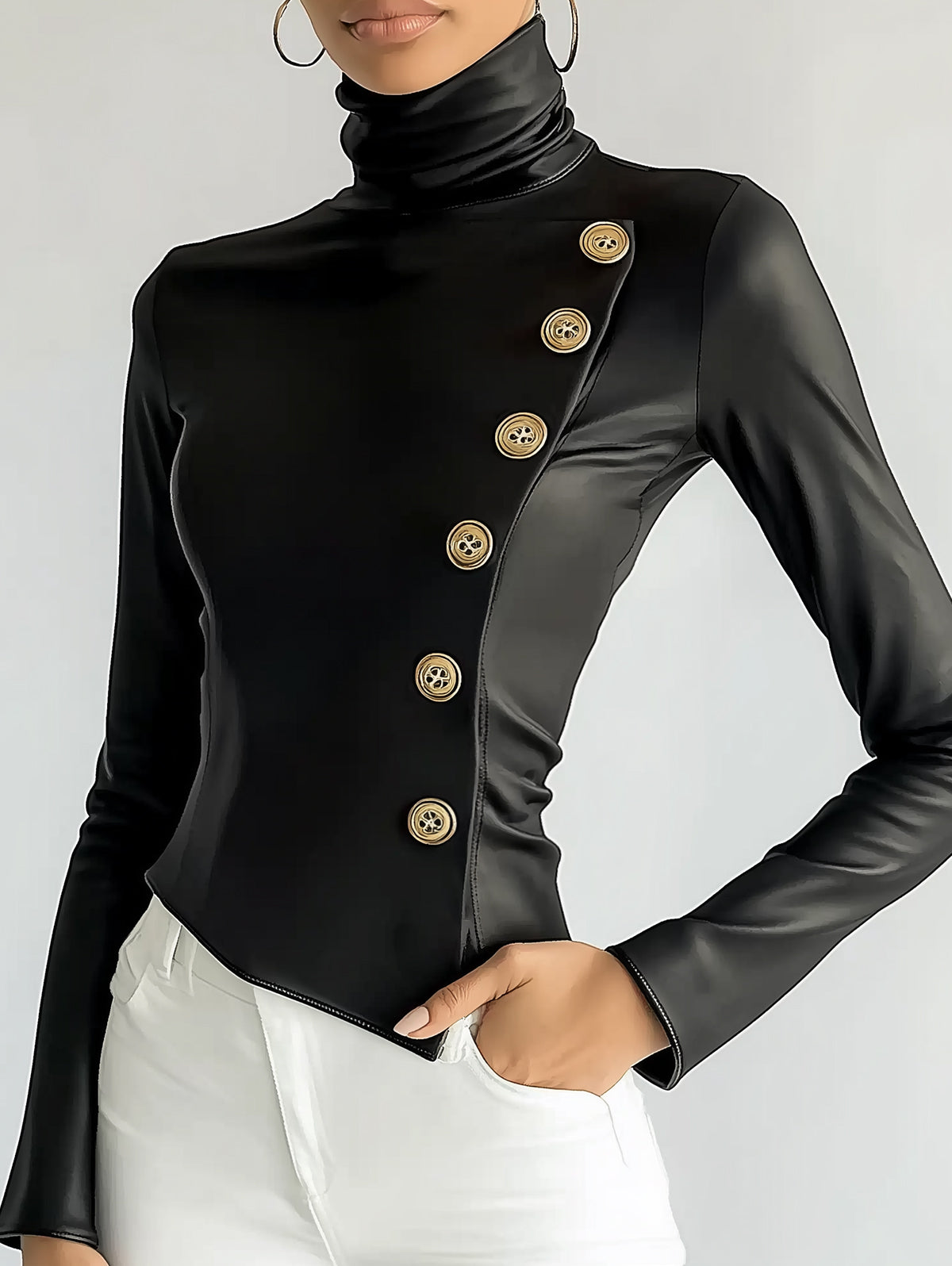 Ursiime PU Leather High Neck Slant Buttons Long Sleeve Blouse