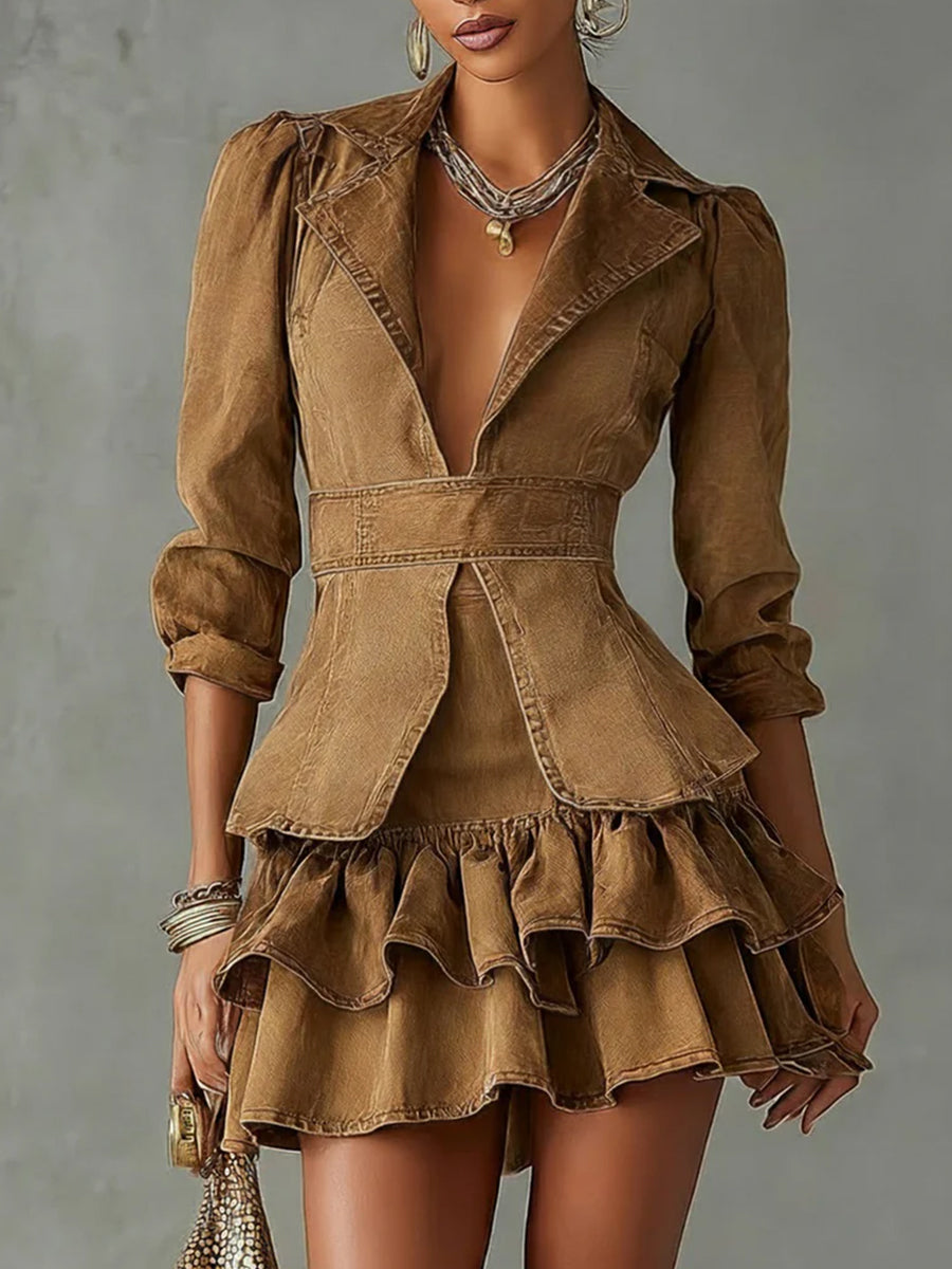 Ursiime Daily Brown Turndown Collar Long Sleeve Ruffle Vintage Denim Mini Dresses [Pre-Order]