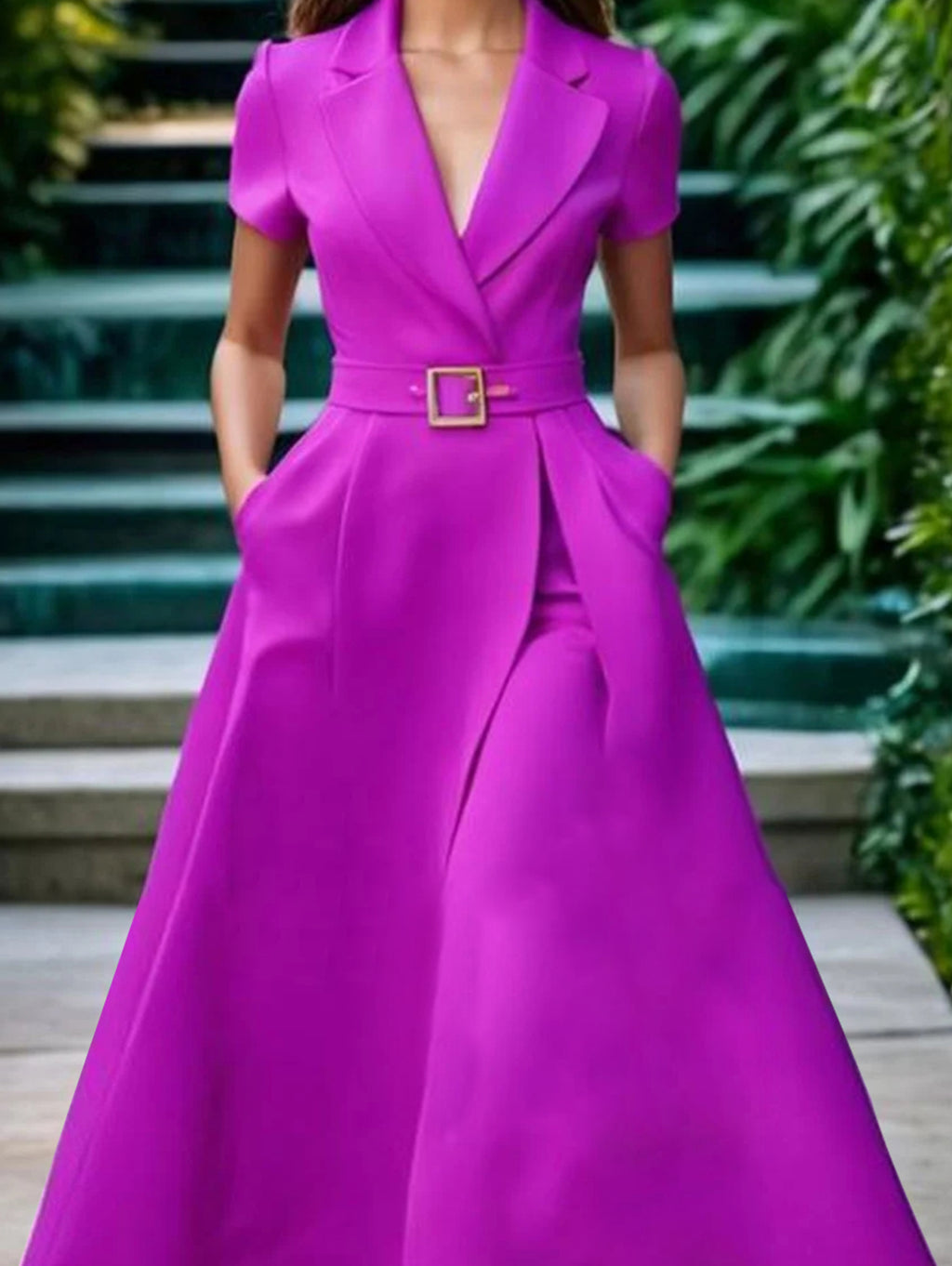 Ursiime Elegant Lapel Collar Belt Pocket Short Sleeve Midi Dress