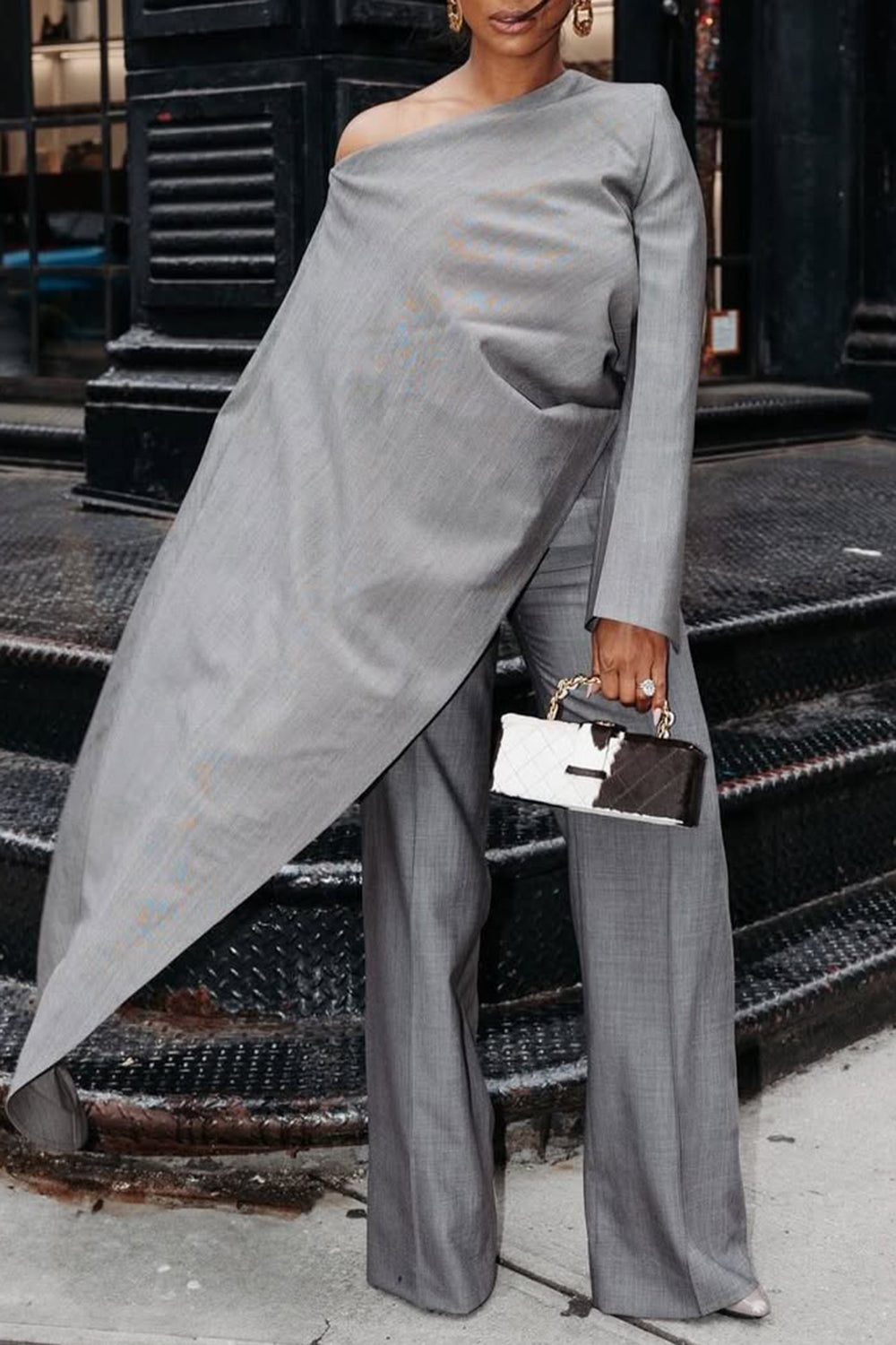 Ursiime Design Formal Grey Oblique Collar Long Sleeve Asymmetric Hem Two Piece Pant Sets [Pre-Order]