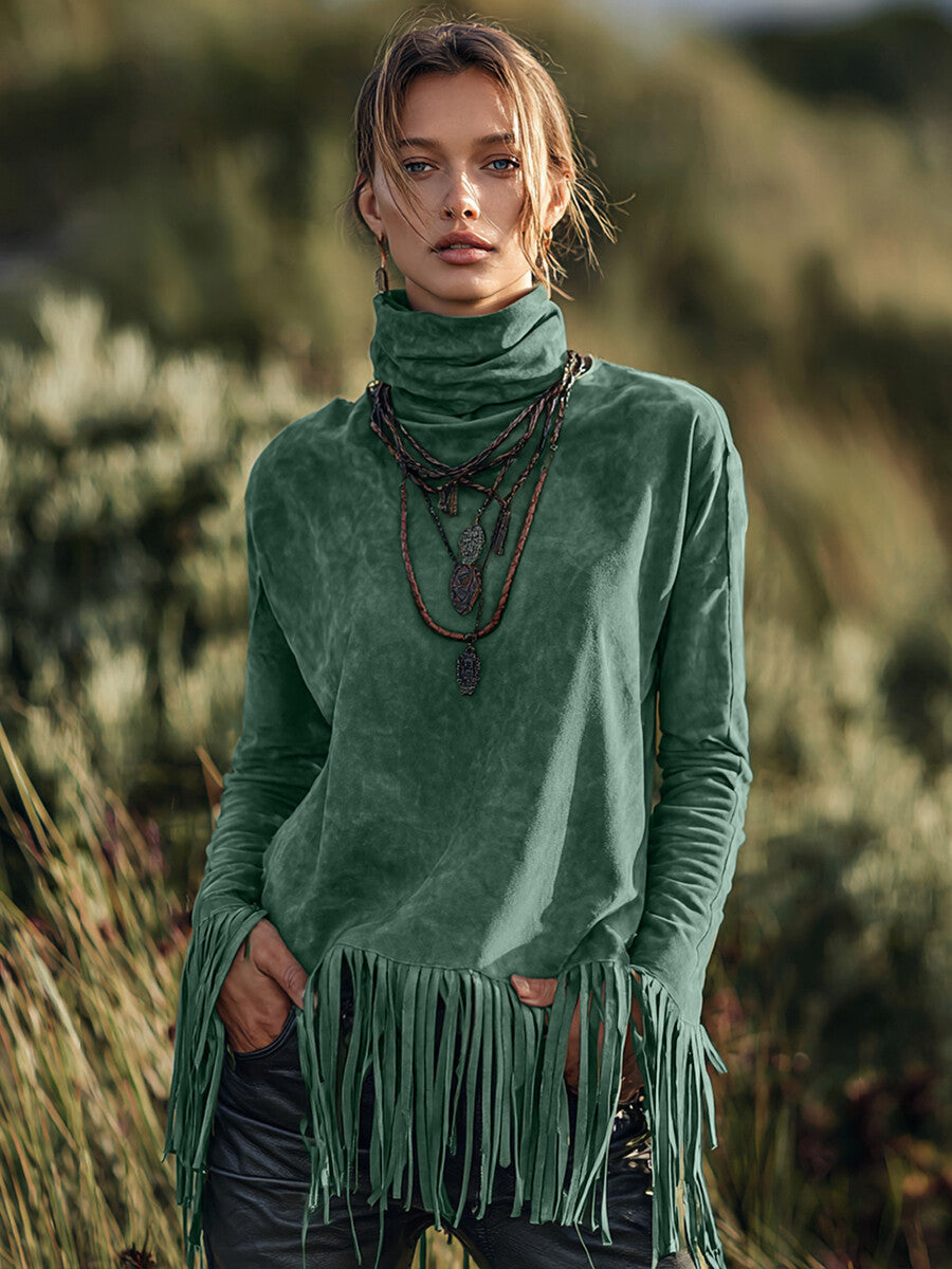 Ursiime Boho Green Suede High Neck Long Sleeve Fringe Hem Top