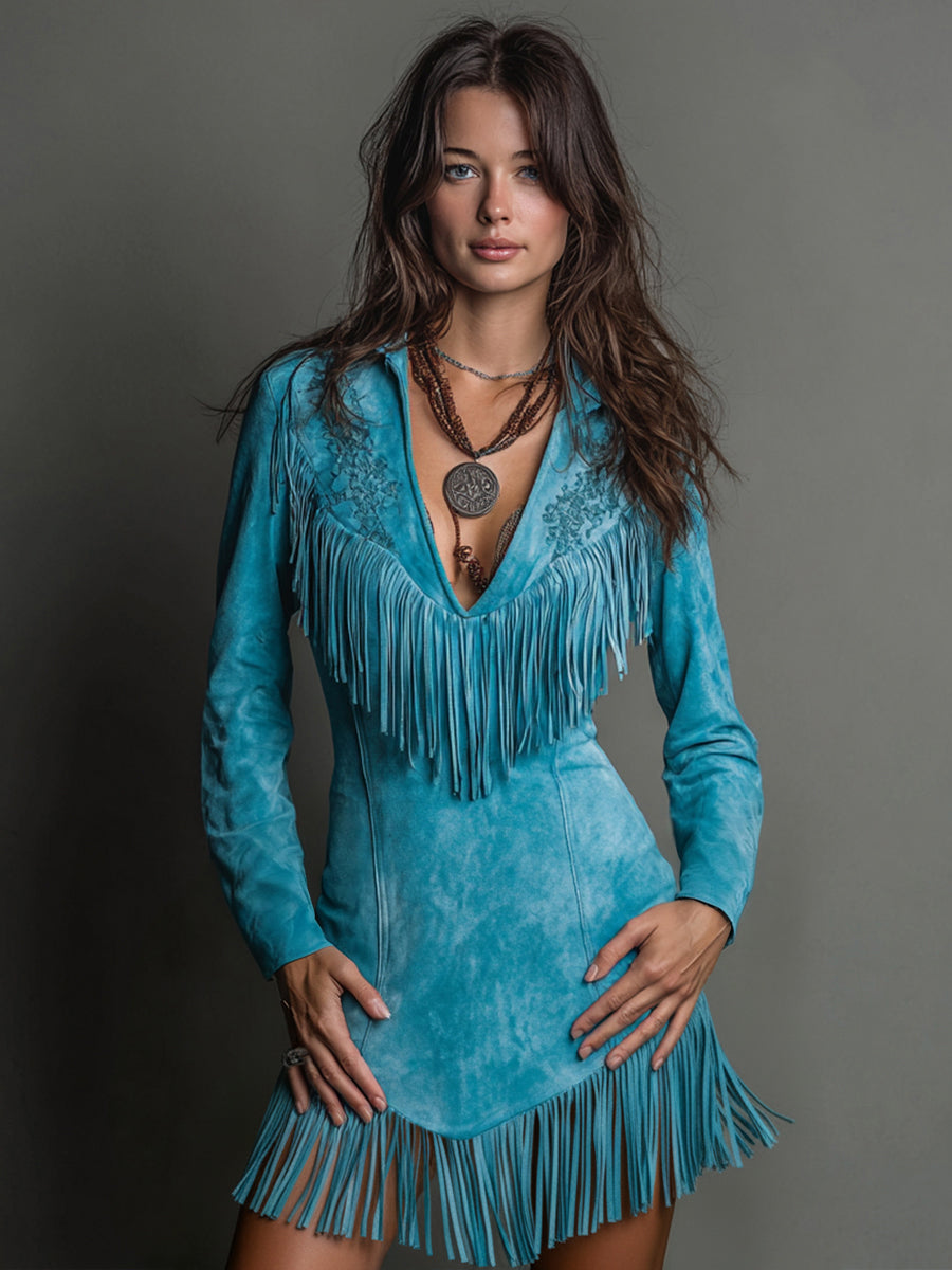 Ursiime Daily Blue V Neck Long Sleeve Strappy Western Embroidery Chamois Mini Dresses [Pre-Order]