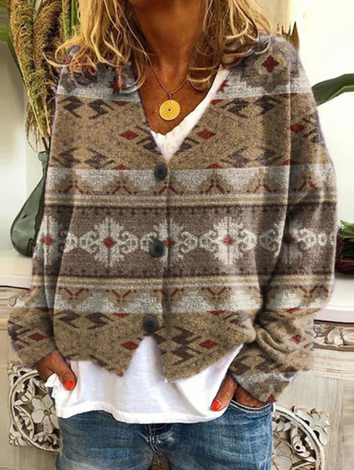 Casual Floral Pattern Three Button Knit Sweater Cardigan