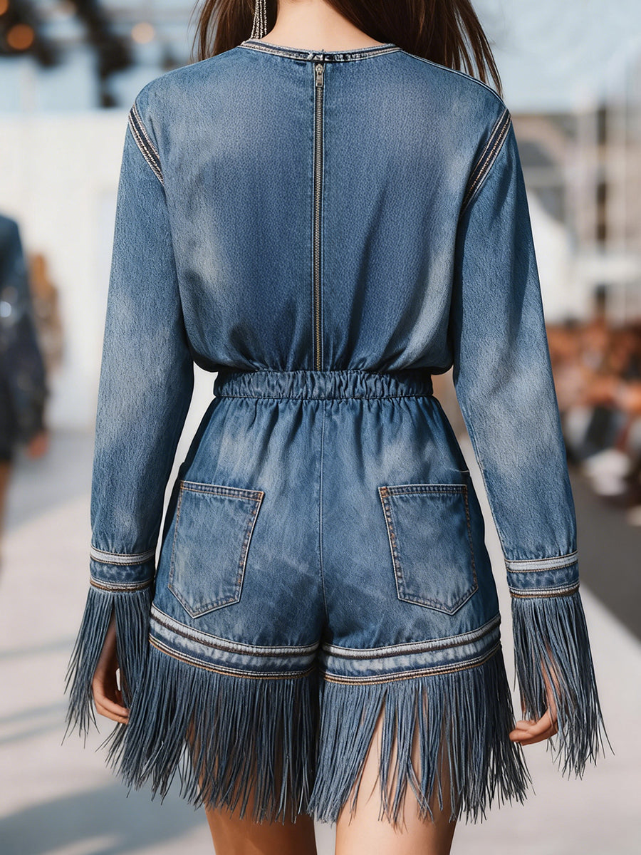 Ursiime Daily Blue V Neck Long Sleeve Strappy Casual Fold Denim Jumpsuits