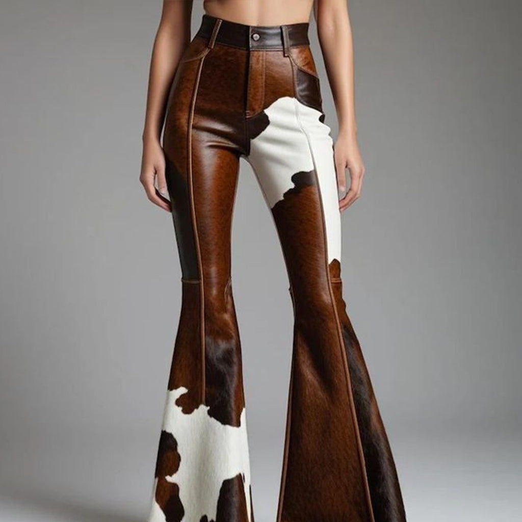 Western Cow Pattern PU Leather High Waist Bell Bottom Pants