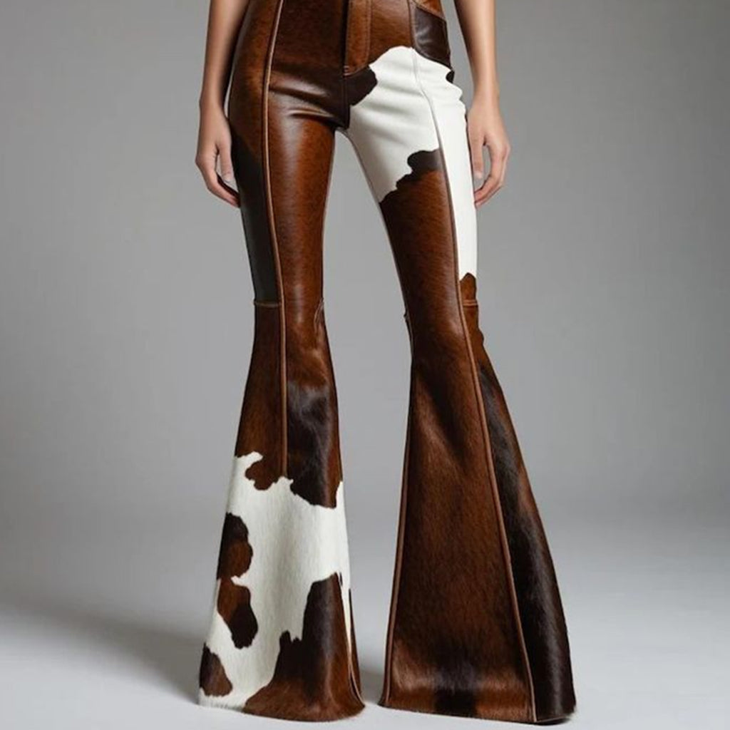 Western Cow Pattern PU Leather High Waist Bell Bottom Pants