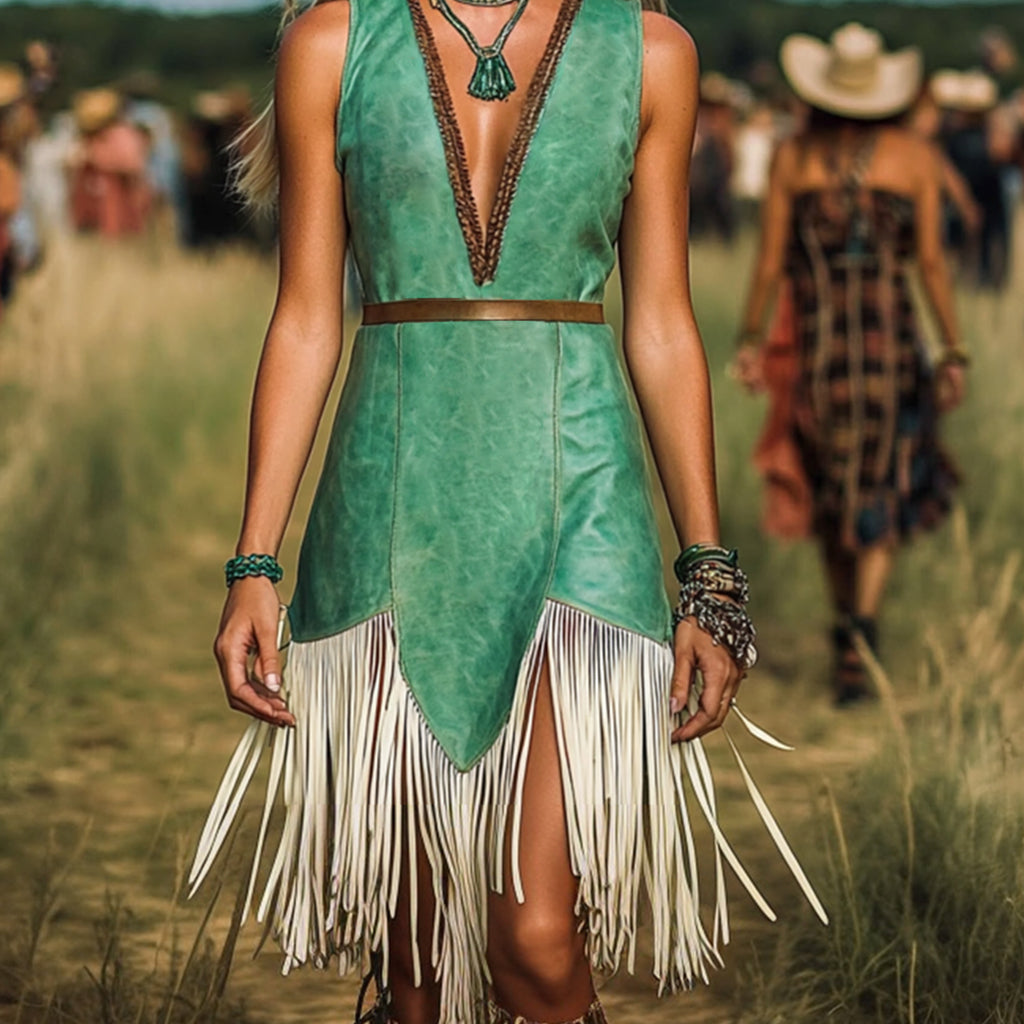 Ursiime Western Patterned Deep V Neck Sleeveless Fringe Midi Dress