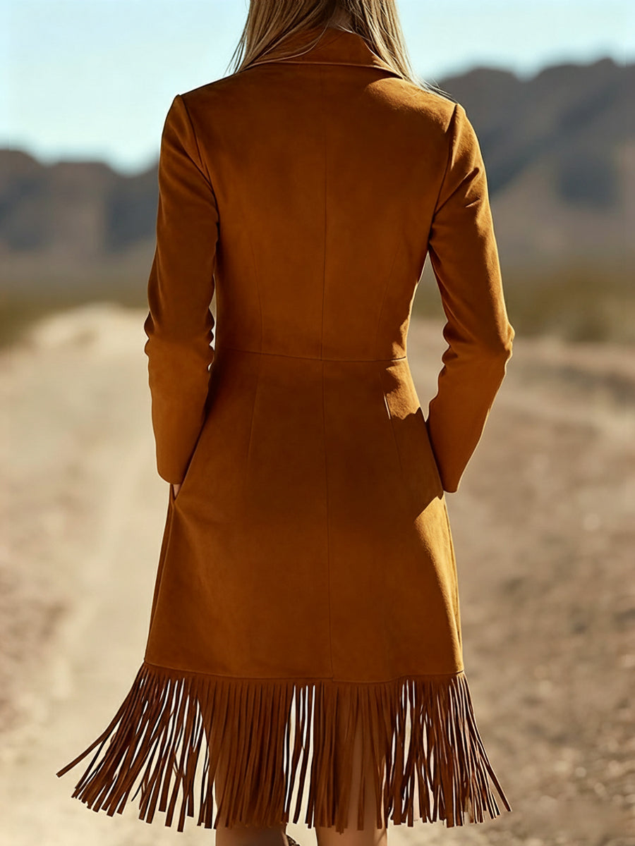 Ursiime Daily Brown Turndown Collar Long Sleeve Strappy Vintage Pocket Chamois Midi Dresses