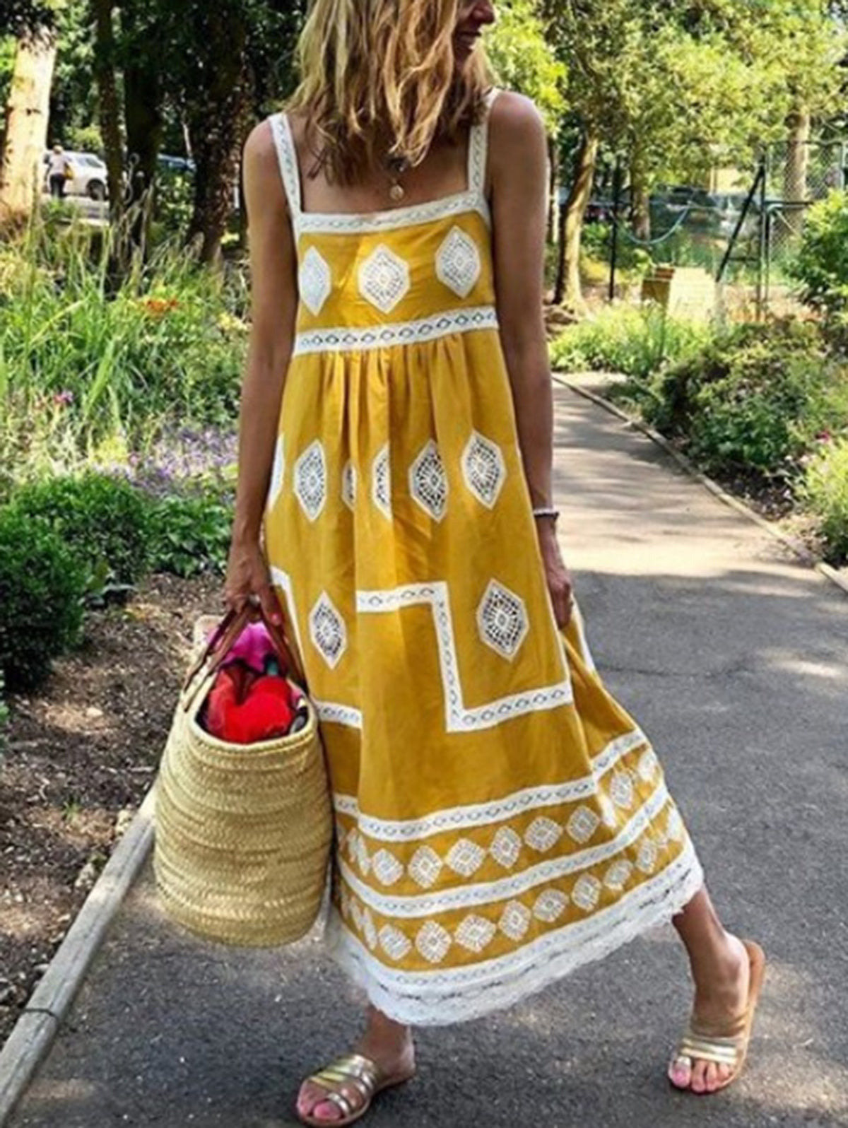 Casual Square Neck Boho Print Tank Maxi Dress