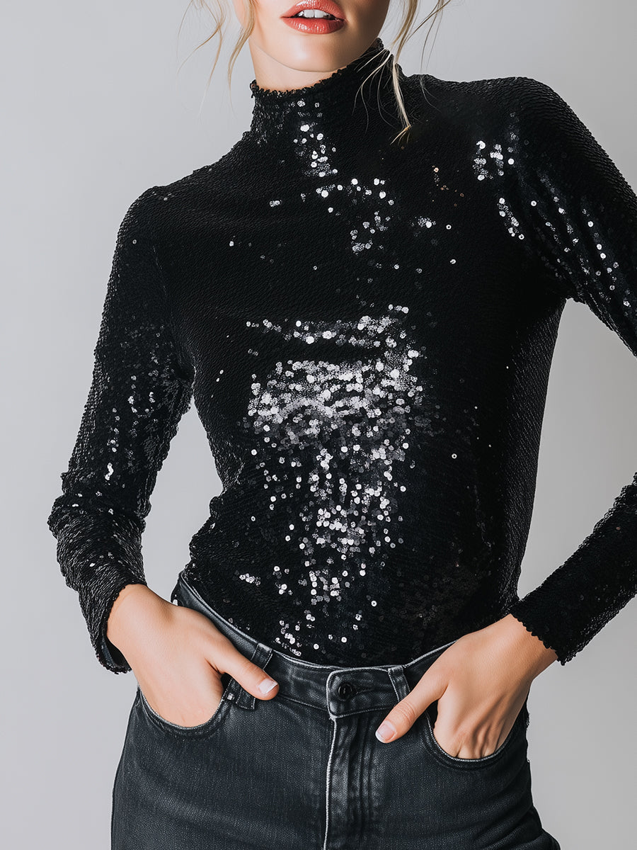 Ursiime Daily Black High Collar Long Sleeve Casual Sequin Blouses