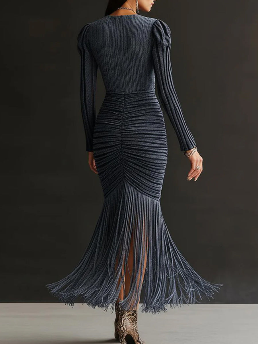 Ursiime Formal Navy Blue Patchwork V Neck Long Sleeve Strappy Casual Fold Metallic Knit Midi Dresses
