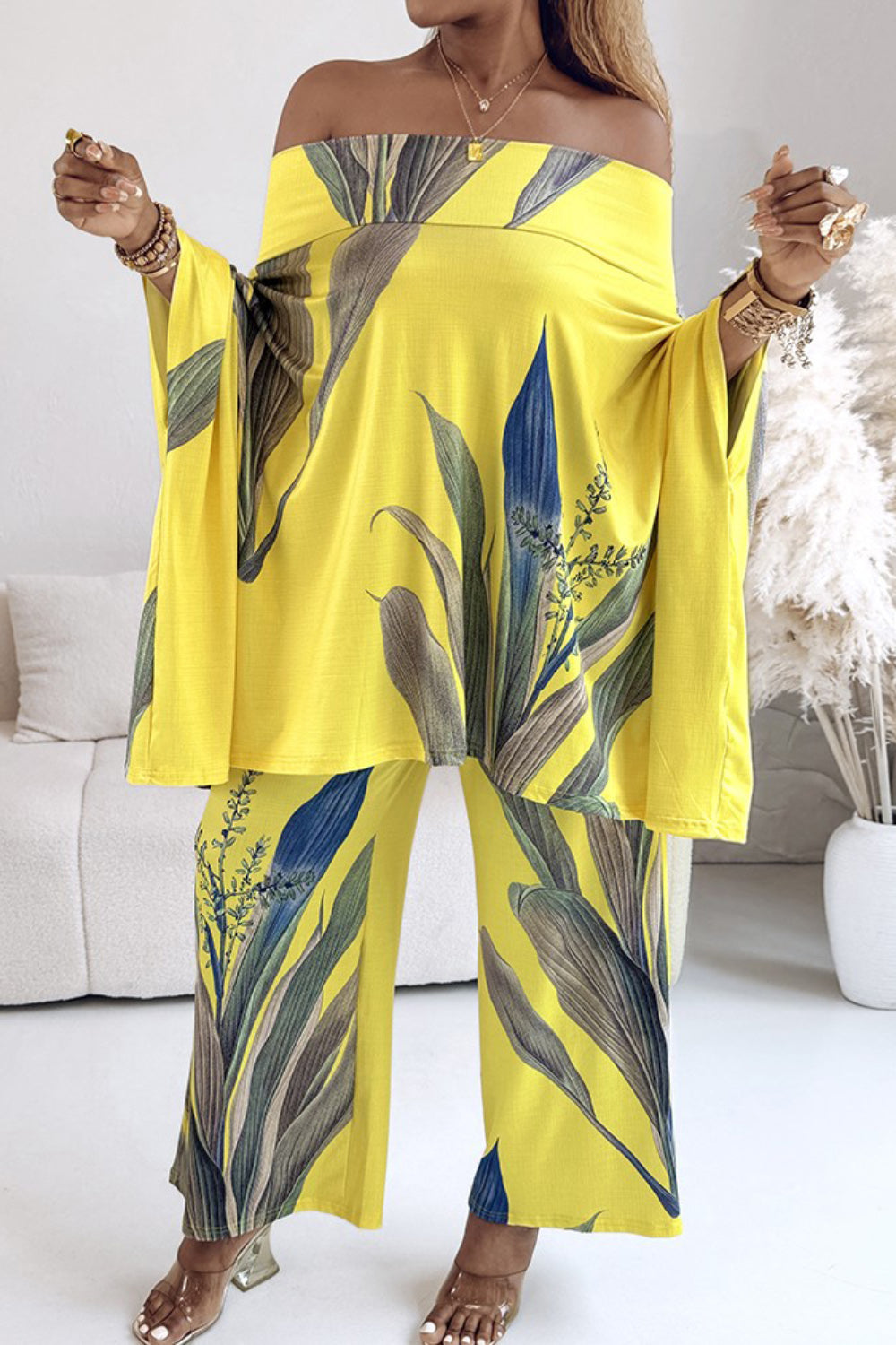 Ursiime Design Vacation Yellow Tropical Print Off The Shoulder Pocket Casual Two Piece Pant Sets [Pre-Order]