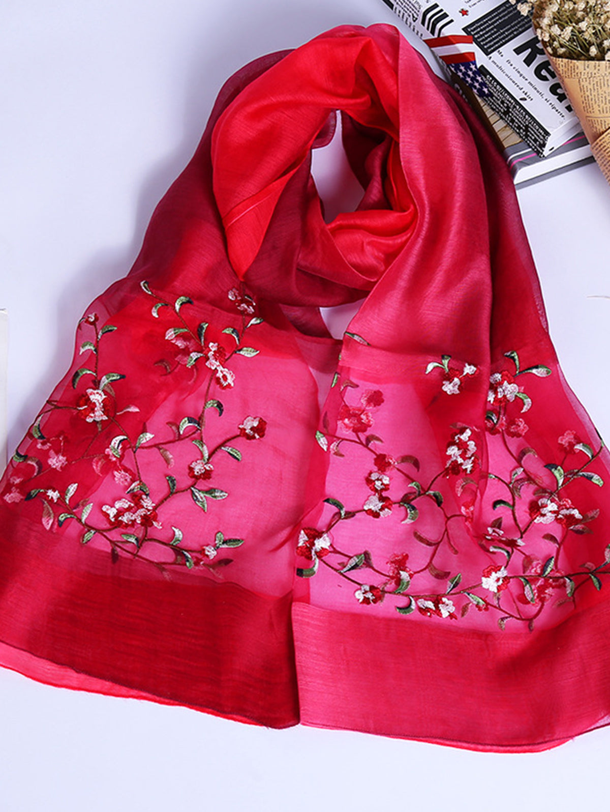 Daily Silk Gradient Floral Embroidery Rectangular Scarf