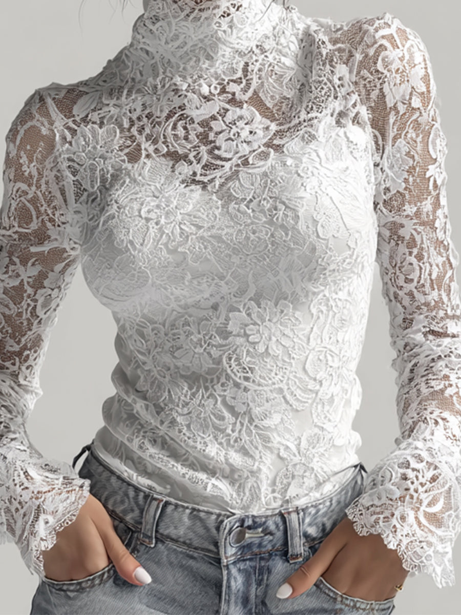 Ursiime White Sheer Lace High Neck Flare Sleeves Top & Camisole 2Pcs Set