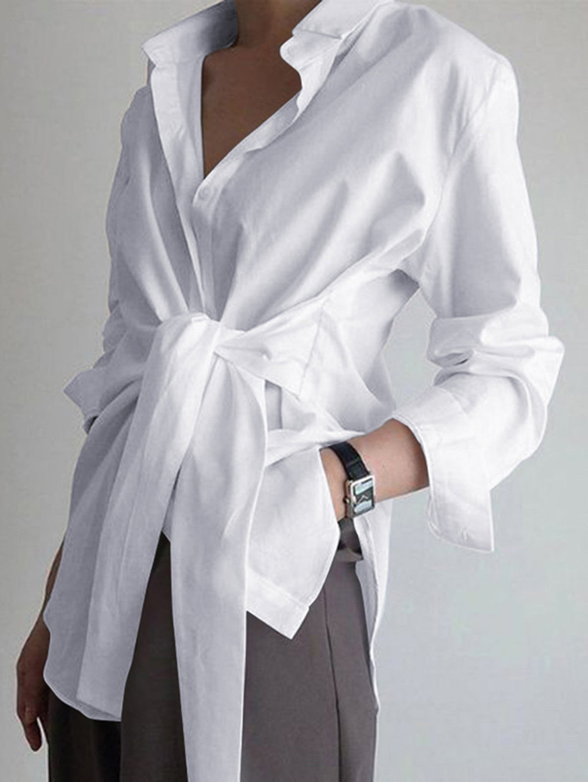 Daily Shirt Collar Front Lace Up Long Sleeve Blouse