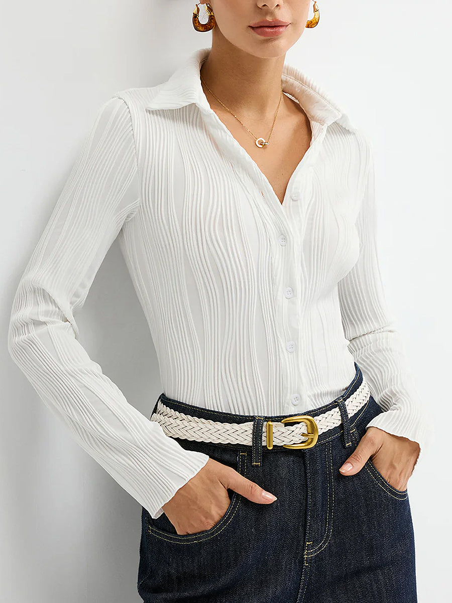 Fashion White Textured Shirt Collar Button Long Sleeve Blouse