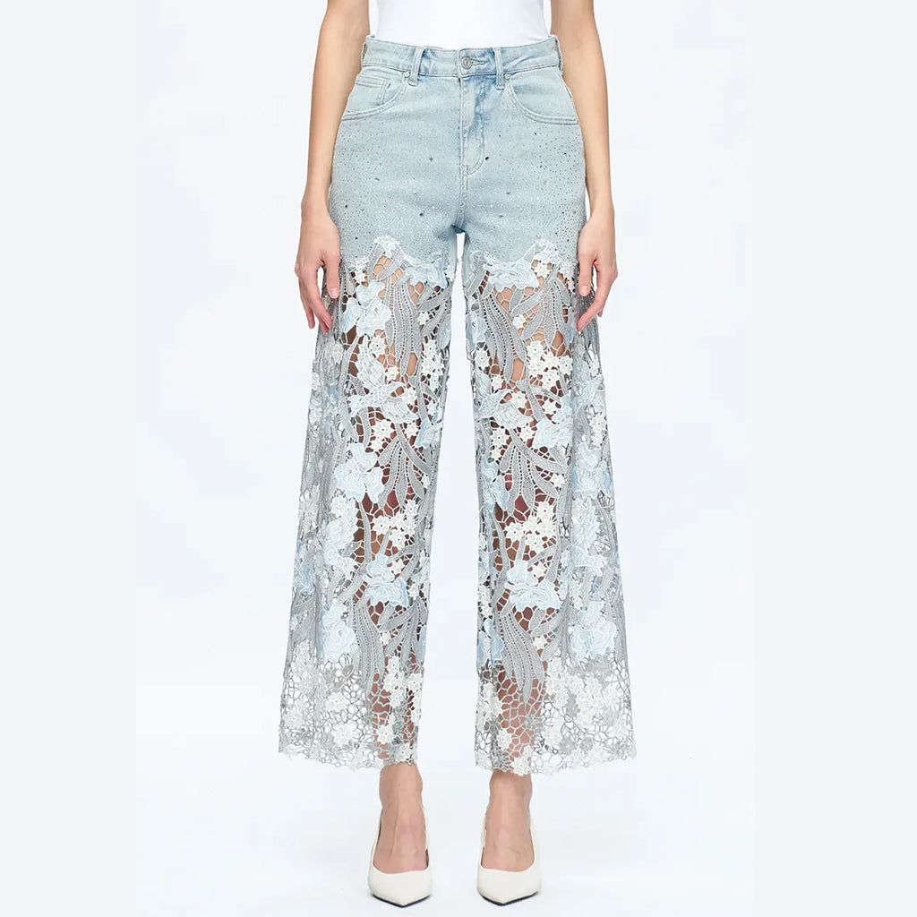 Casual Floral Lace Patchwork Hollow Out Straight Denim Jeans