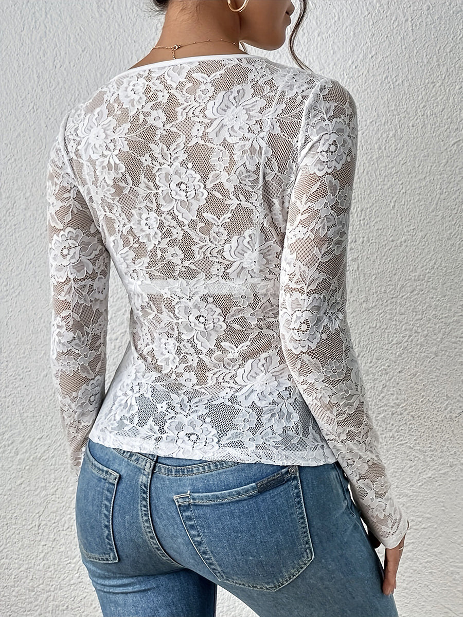 Elegant White See-Through Floral Lace V Neck Long Sleeve Top