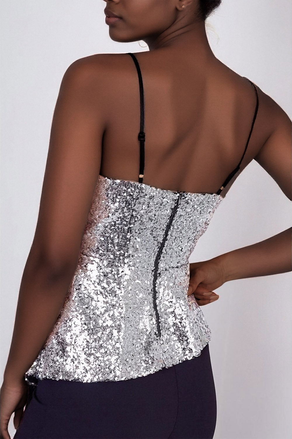 Ursiime Design Party Silver V Neck Asymmetric Hem Elegant Sequin Tank Tops [Pre-Order]