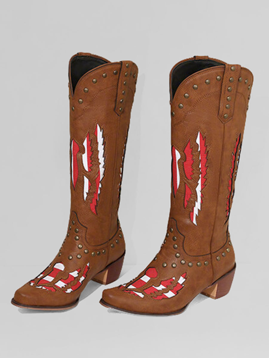 Western Apricot PU Leather Colorblock Studded Pointed Toe Cowboy Boots