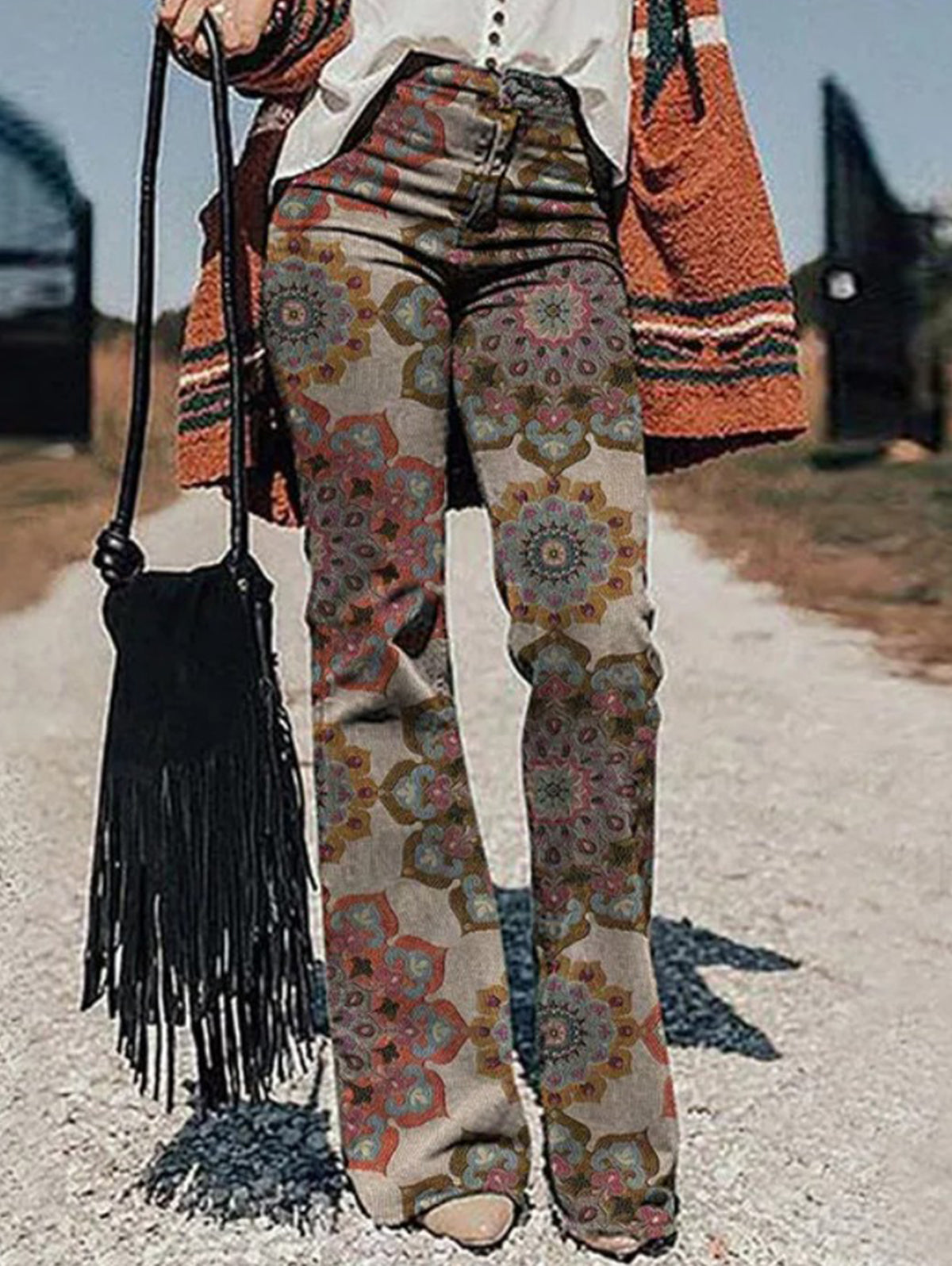 Vintage Allover Pattern High Waist Slant Pocket Flare Leg Pants