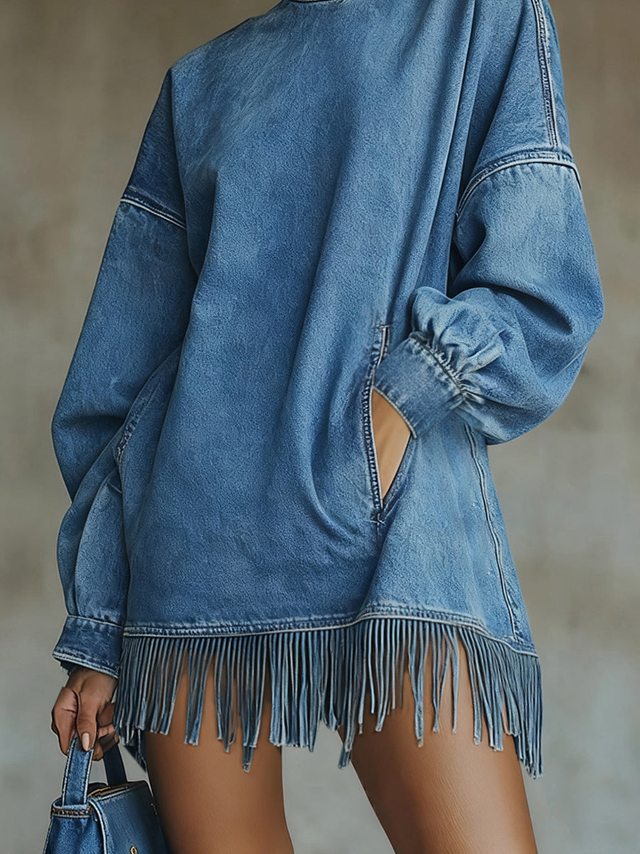 Ursime Blue Denim High Neck Lantern Sleeve Pocket Fringe Hem Mini Dress