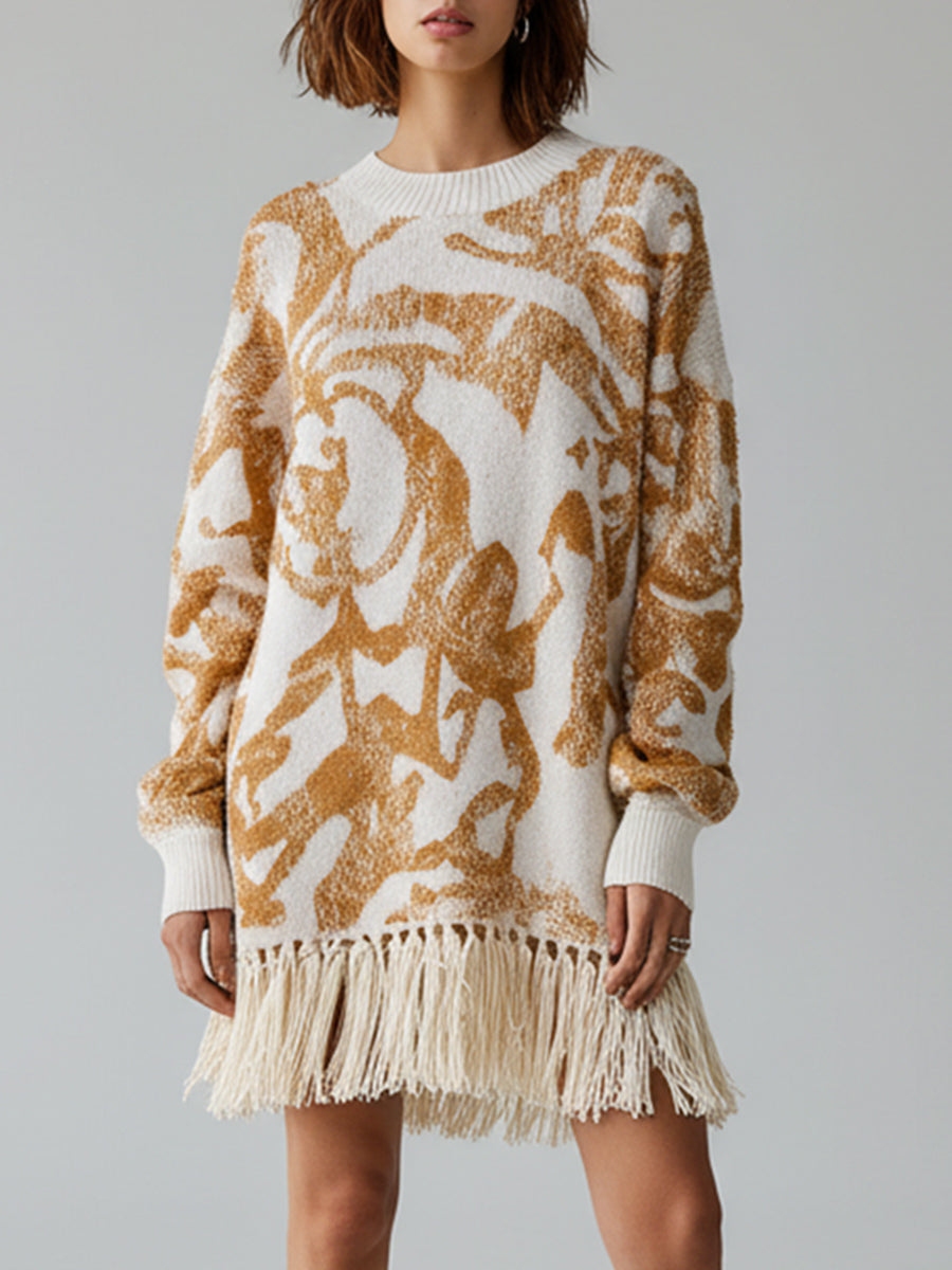 Ursiime Daily Gold All Over Print Round Neck Long Sleeve Strappy Casual Crochet Mini Dresses [Pre-Order]