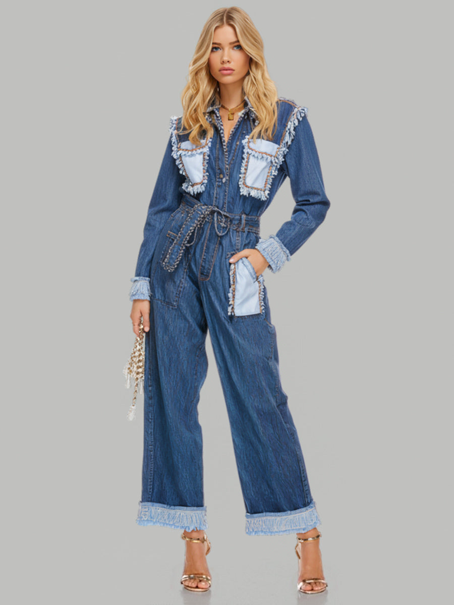 Ursiime Business Casual Blue Colorblock Shirt Collar Long Sleeve Pocket Casual Contrast Denim Jumpsuits