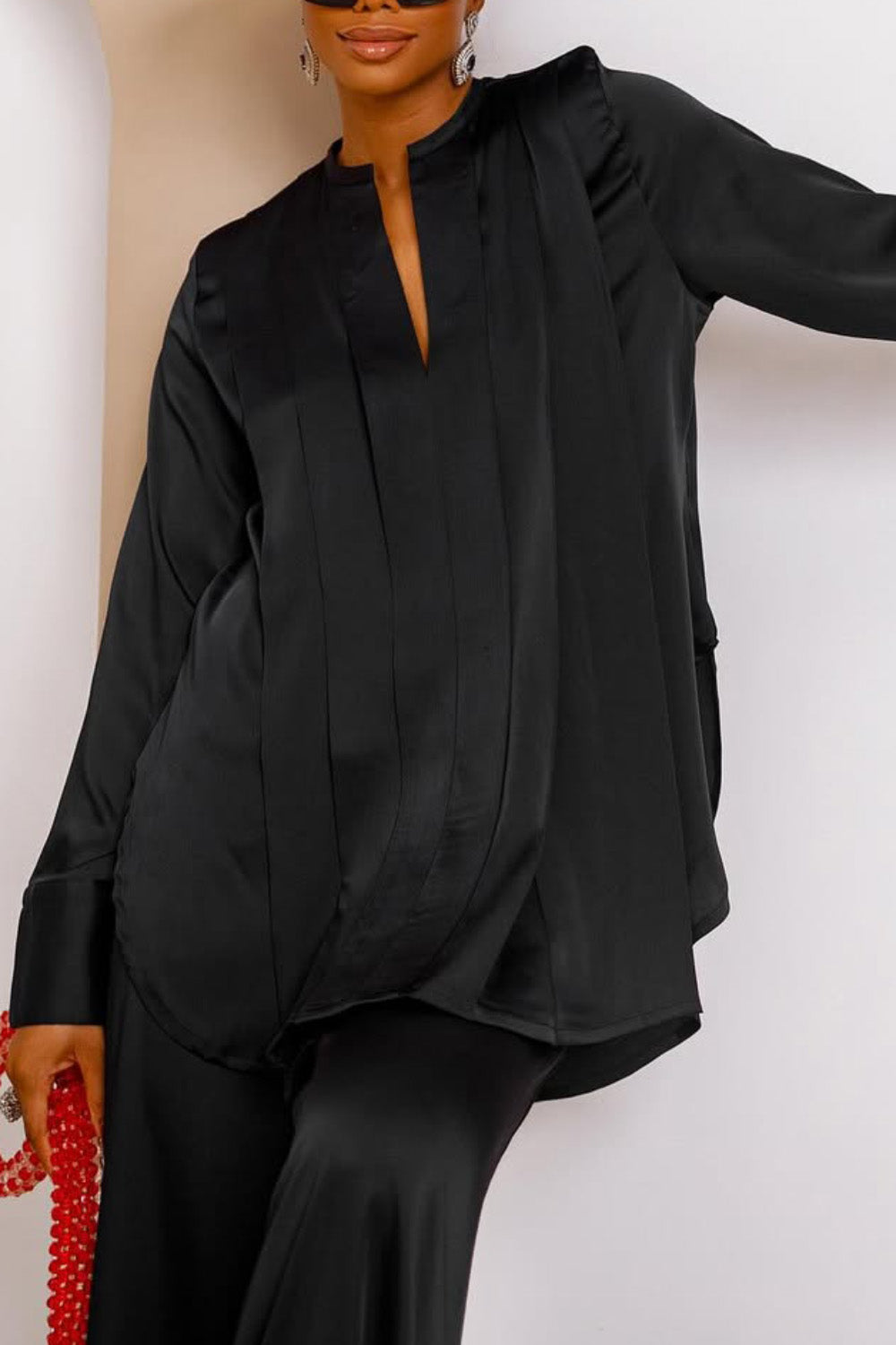 Ursiime Design Business Casual Black Stand-Up Collar Long Sleeve Pleated Elegant Pocket Two Piece Pant Sets [Pre-Order]