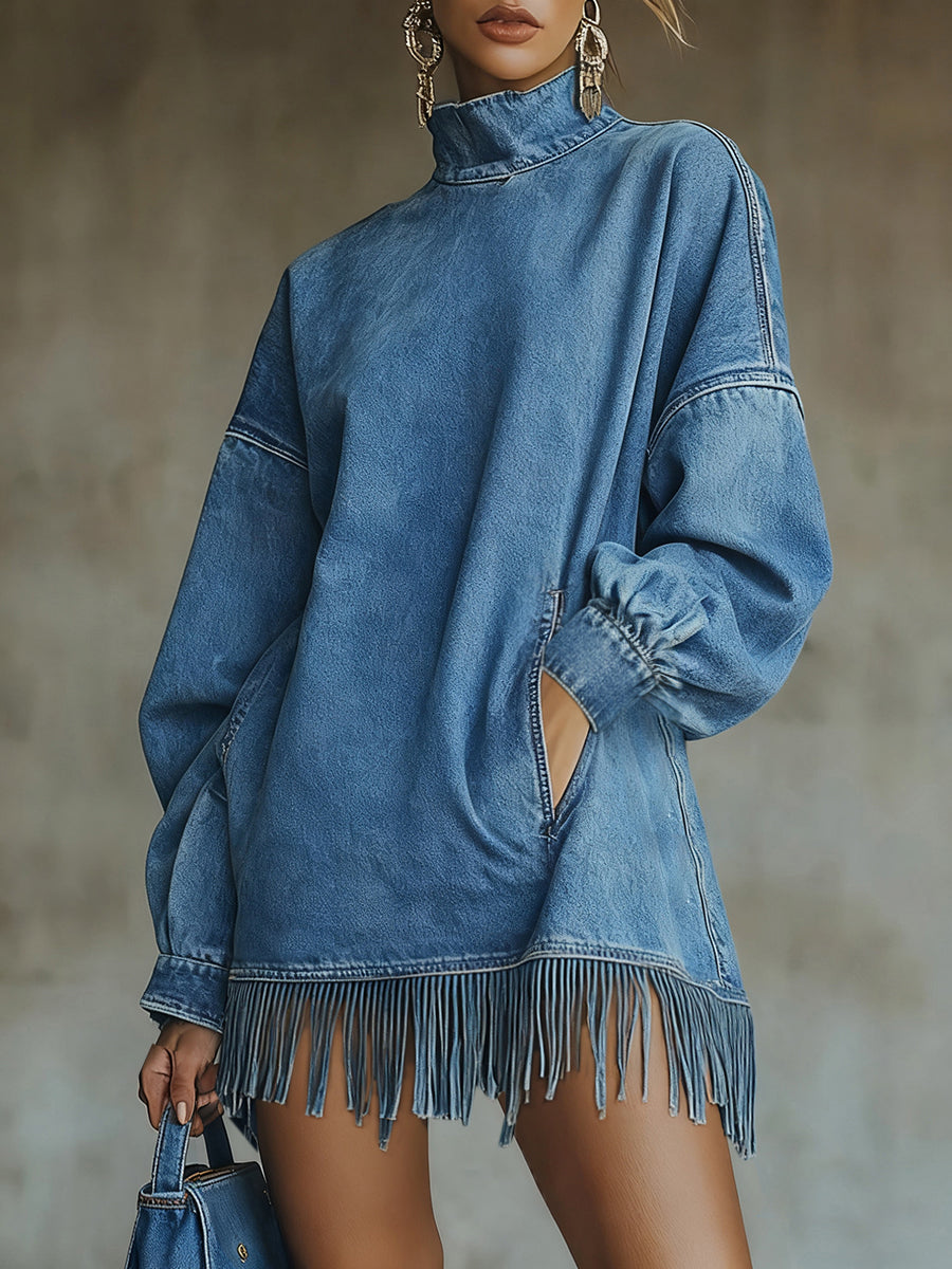 Ursime Blue Denim High Neck Lantern Sleeve Pocket Fringe Hem Mini Dress