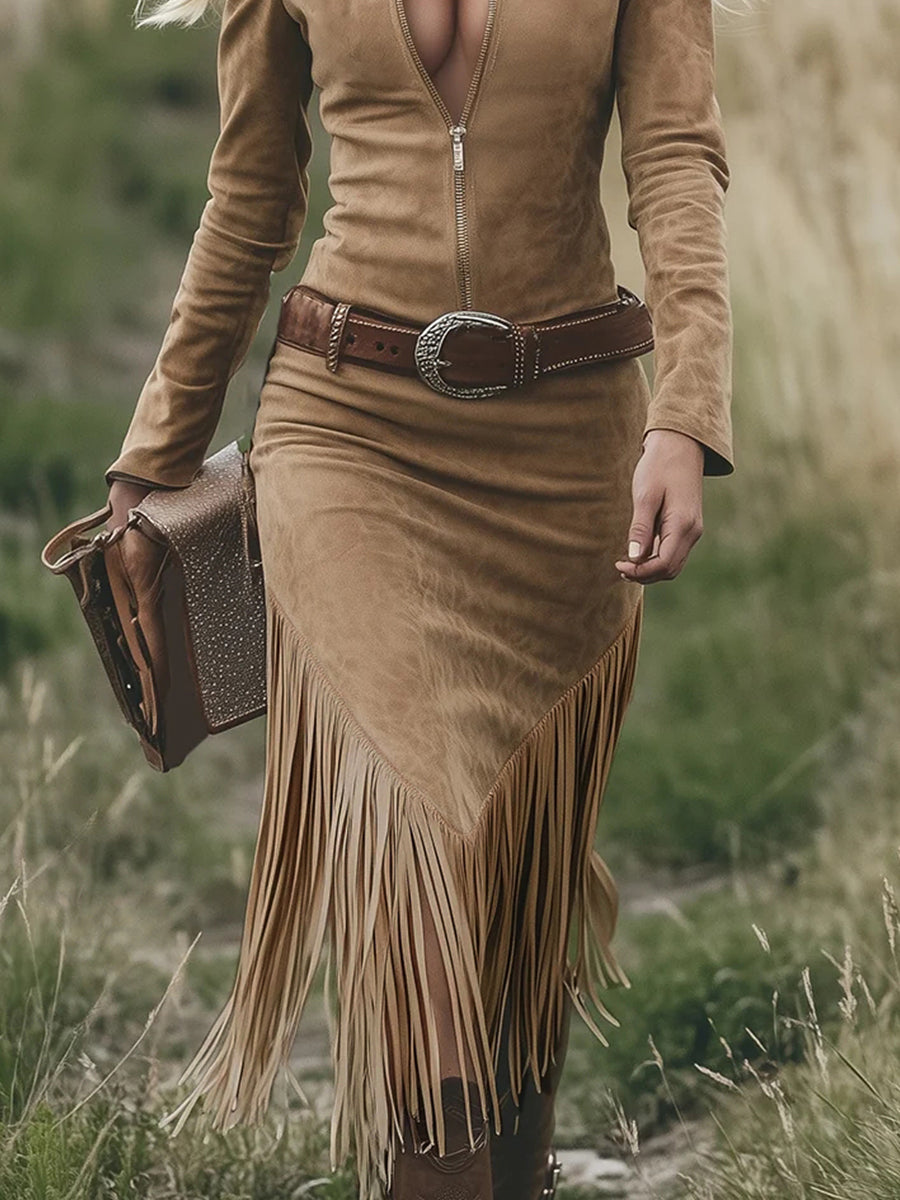 Western Khaki Suede Zipper Shirt Collar Fringe Hem Midi Dress(NO Belt)