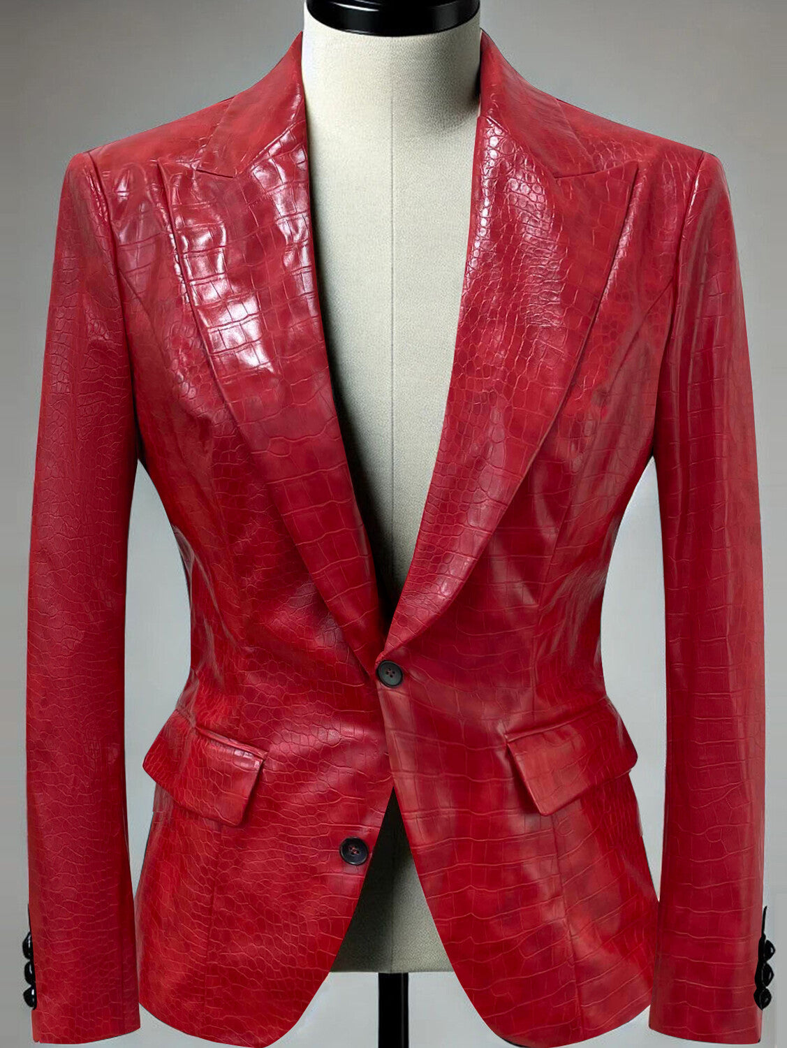 Ursiime PU Leather Crocodile Pattern Peak Lapel Two Button Blazer