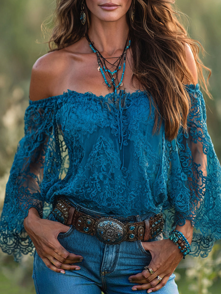 Ursiime Boho Blue Off Shoulder Flare Sleeve Lace Blouse