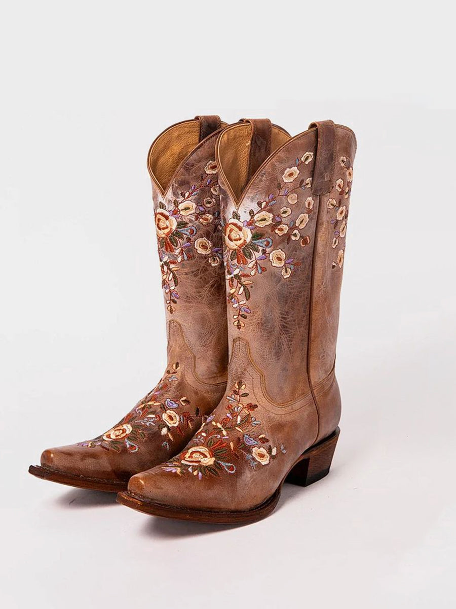 Western Brown PU Leather Floral Embroidery Square Toe Boots