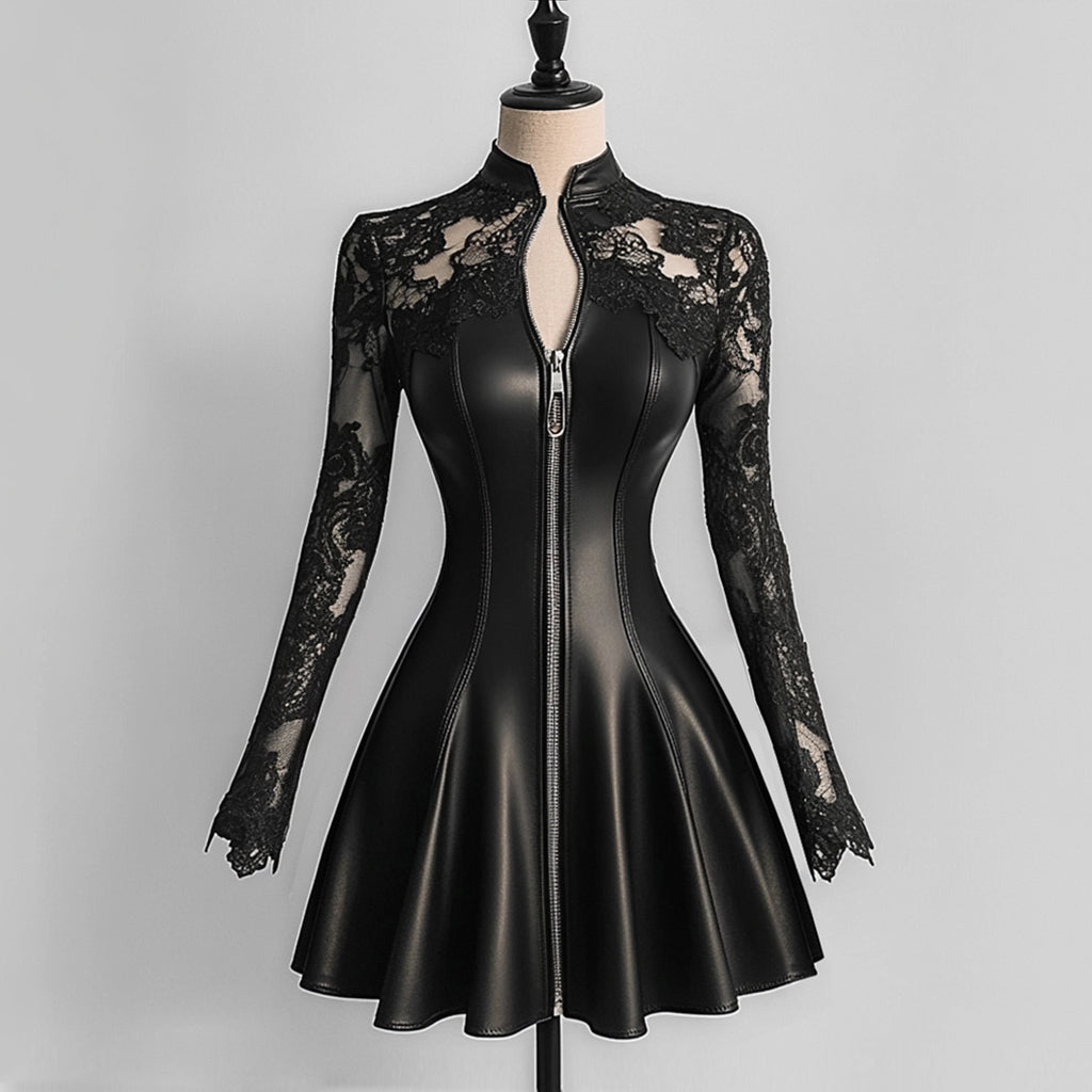 Ursiime PU Leather Lace Long Sleeve Zipper Mini Dress