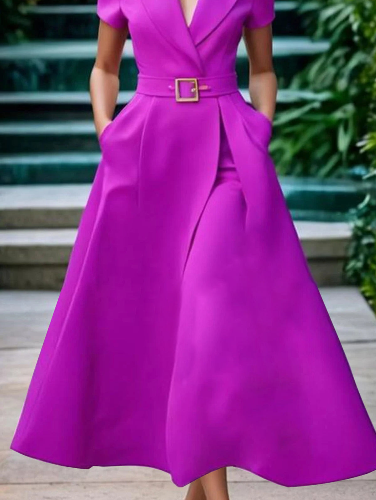 Ursiime Elegant Lapel Collar Belt Pocket Short Sleeve Midi Dress