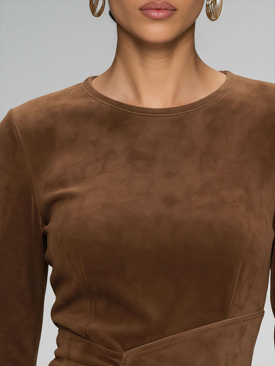 Ursiime Business Casual Brown Round Neck Long Sleeve Strappy Casual Midi Dresses