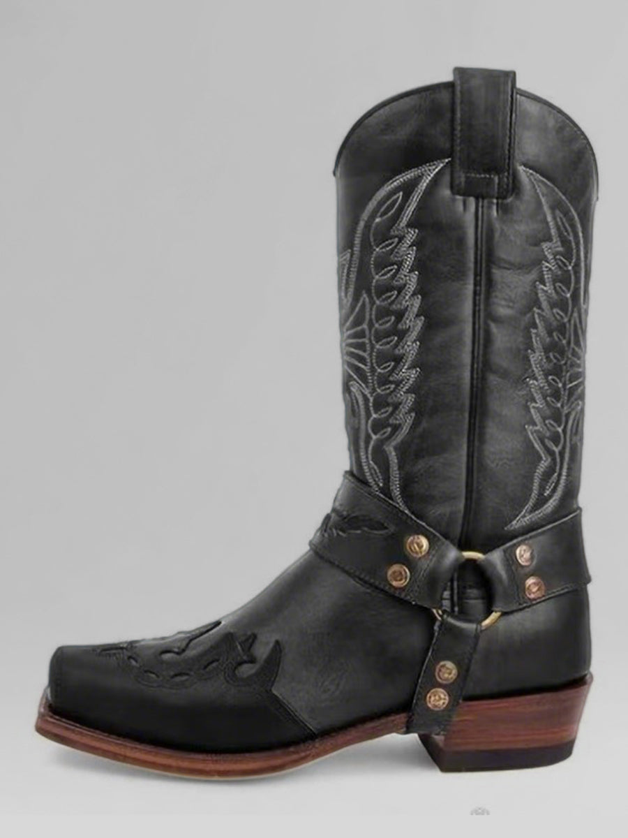 Western Brown PU Leather Embroidered Buckle Strap Square Toe Side Zipper Boots